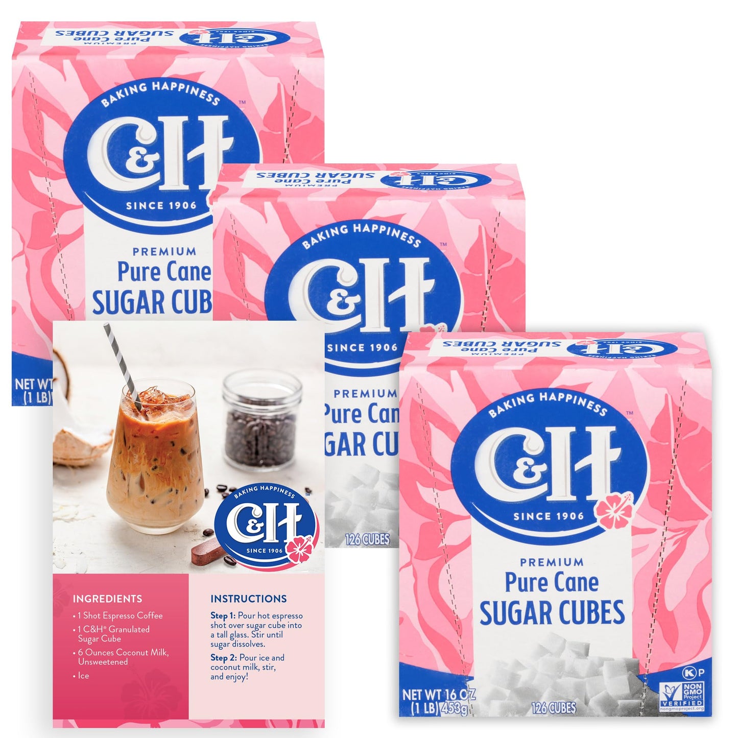 C&H enhanced Pure Cane Sugar Cubes  1 lb Boxes (Pack of 3) - Perfect for Coffee  Tea  Portion Control - Includes Bonus Recipe Card