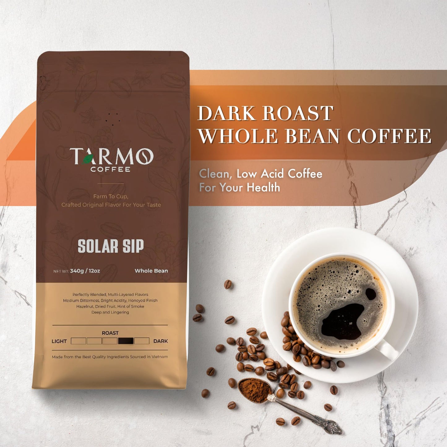 TARMO COFFEE Low Acid 100% Arabica Whole Bean Coffee, Specialty Dark Roast, 12 Oz Bag
