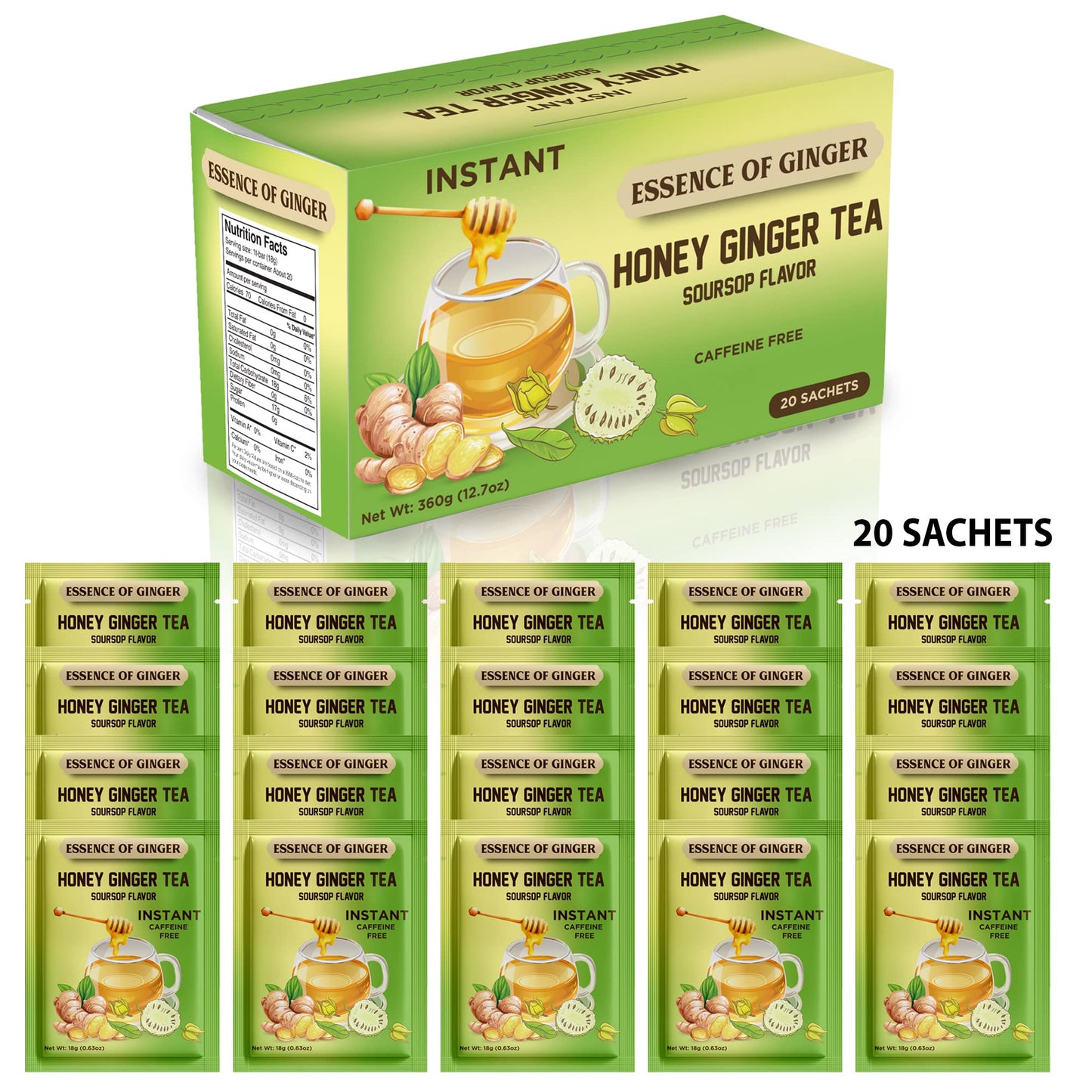 Elephant Park Ginger Tea - Natural Soursop Graviola Honey Instant Tea Bags - 20 Packets - Caffeine Free