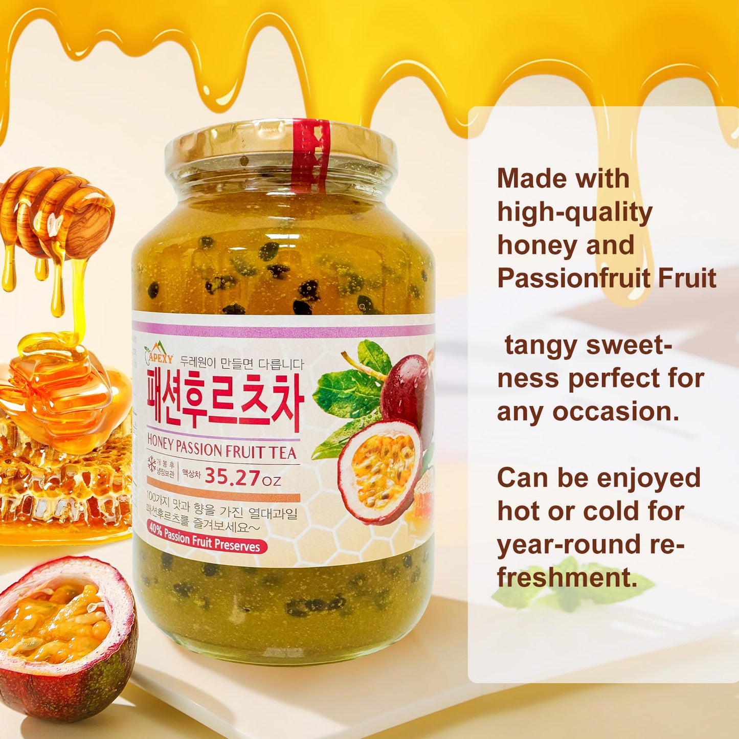 Apexy Authentic Korean Honey Passion Fruit Tea, Passionfruit Puree , Just Add Hot Water, Gourment Blend For Smoothies, Cocktails