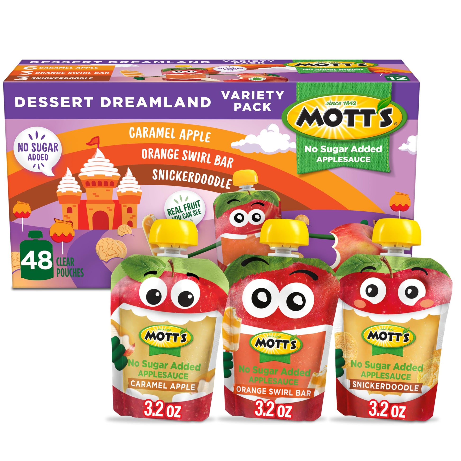 Motts No Sugar Added Dessert Dreamland Applesauce Variety Pack  3.2 Oz Clear Pouches  48 Count (4 Packs Of 12)