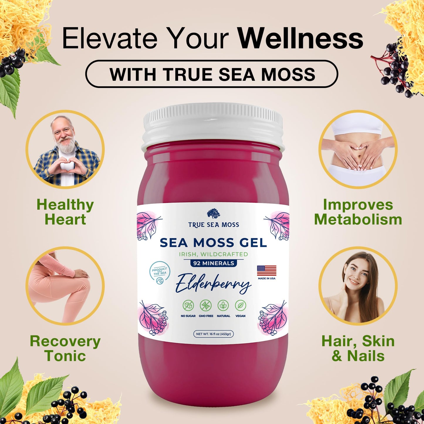 Trueseamoss Wildcrafted Irish Sea Moss Gel - Made With Dried Seaweed & Fresh Sea Vegetables, Seamoss- Made In Usa (Elderberry, P