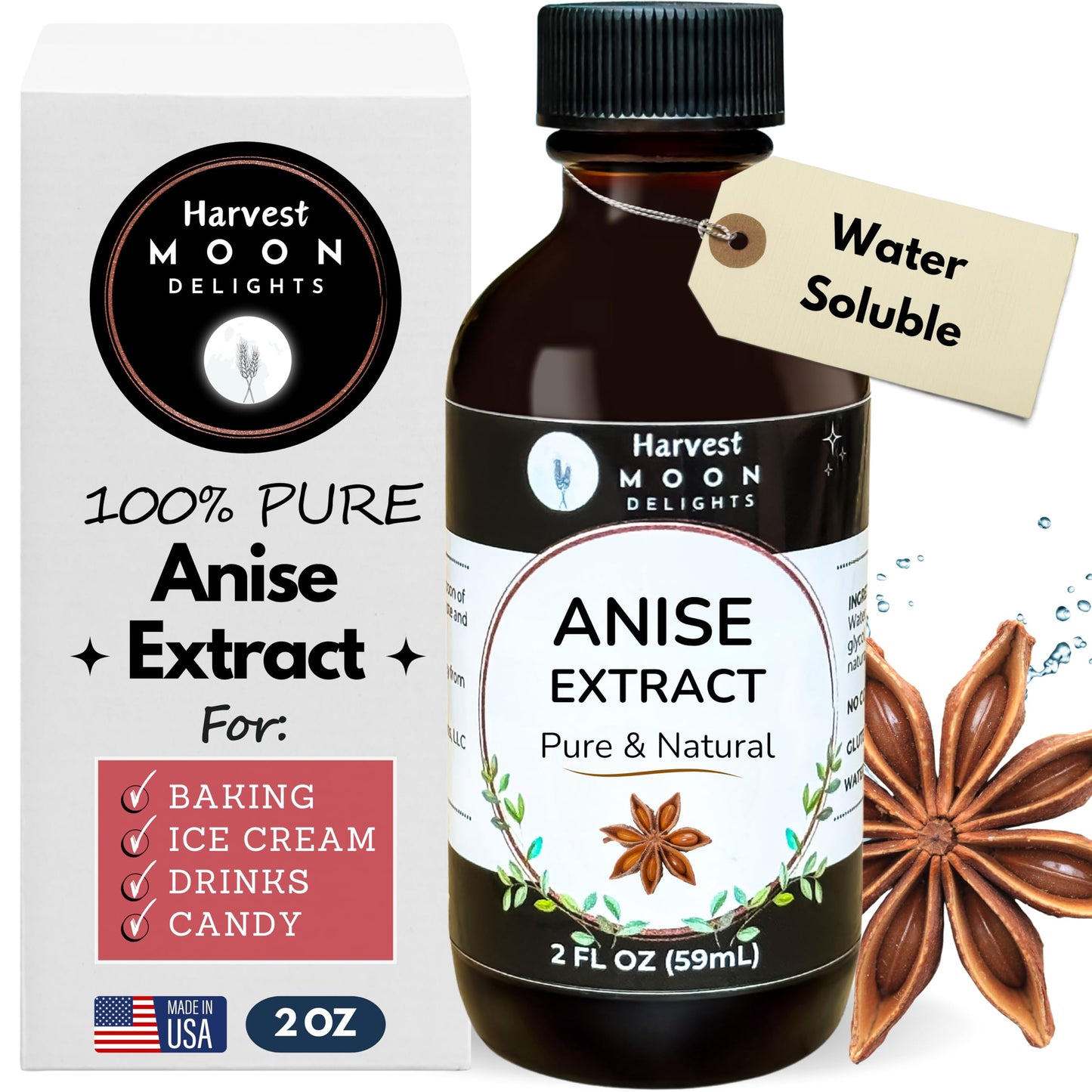 Pure Anise Extract - 2 oz - Water-Soluble - By Harvest Moon Delights - Anise Extract for Baking, Ice Cream, Drinks, and Candy
