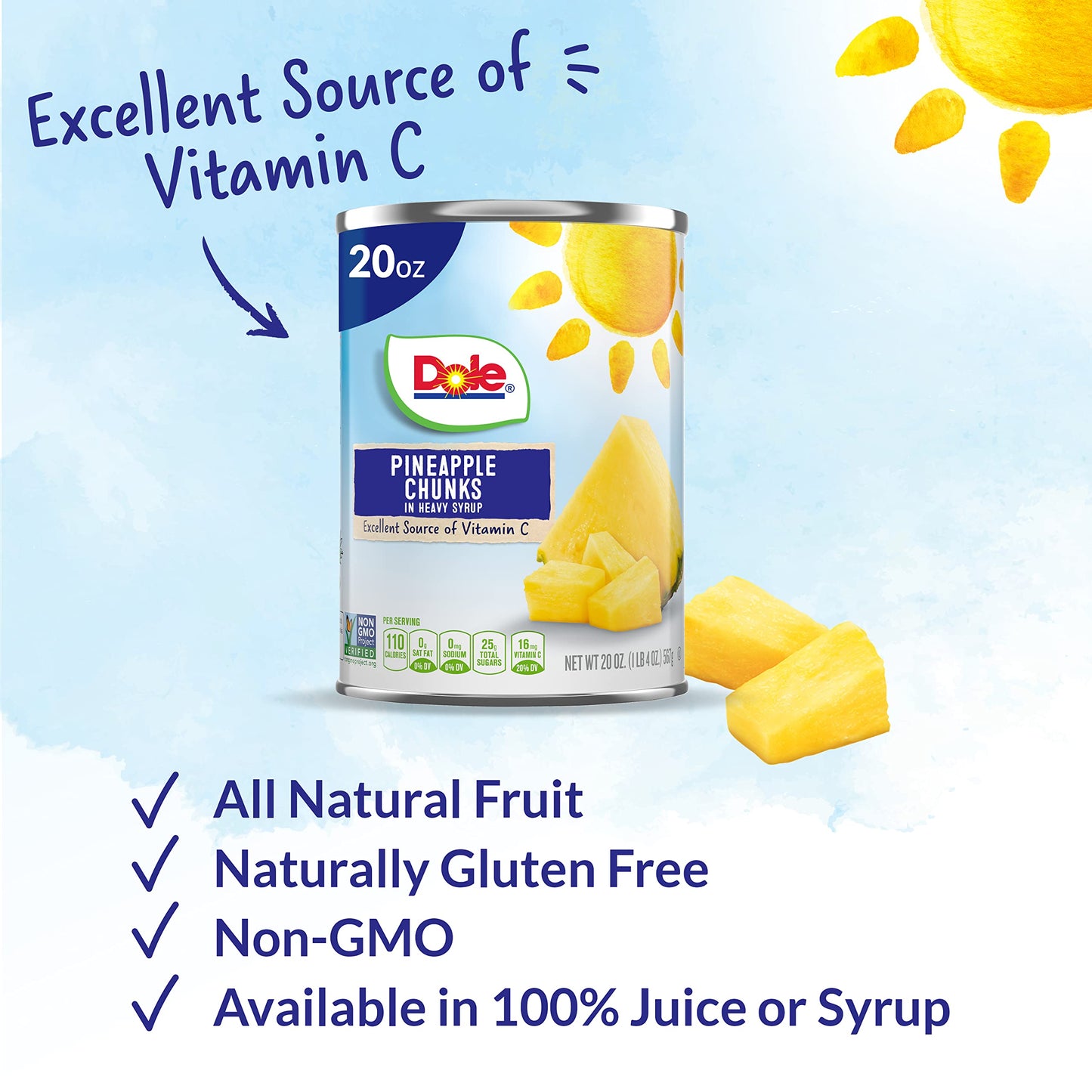 Dole Canned Fruit, Pineapple Chunks in Heavy Syrup, Gluten Free, Pantry Staples, 20 Oz, 12 Count, Packaging May Vary