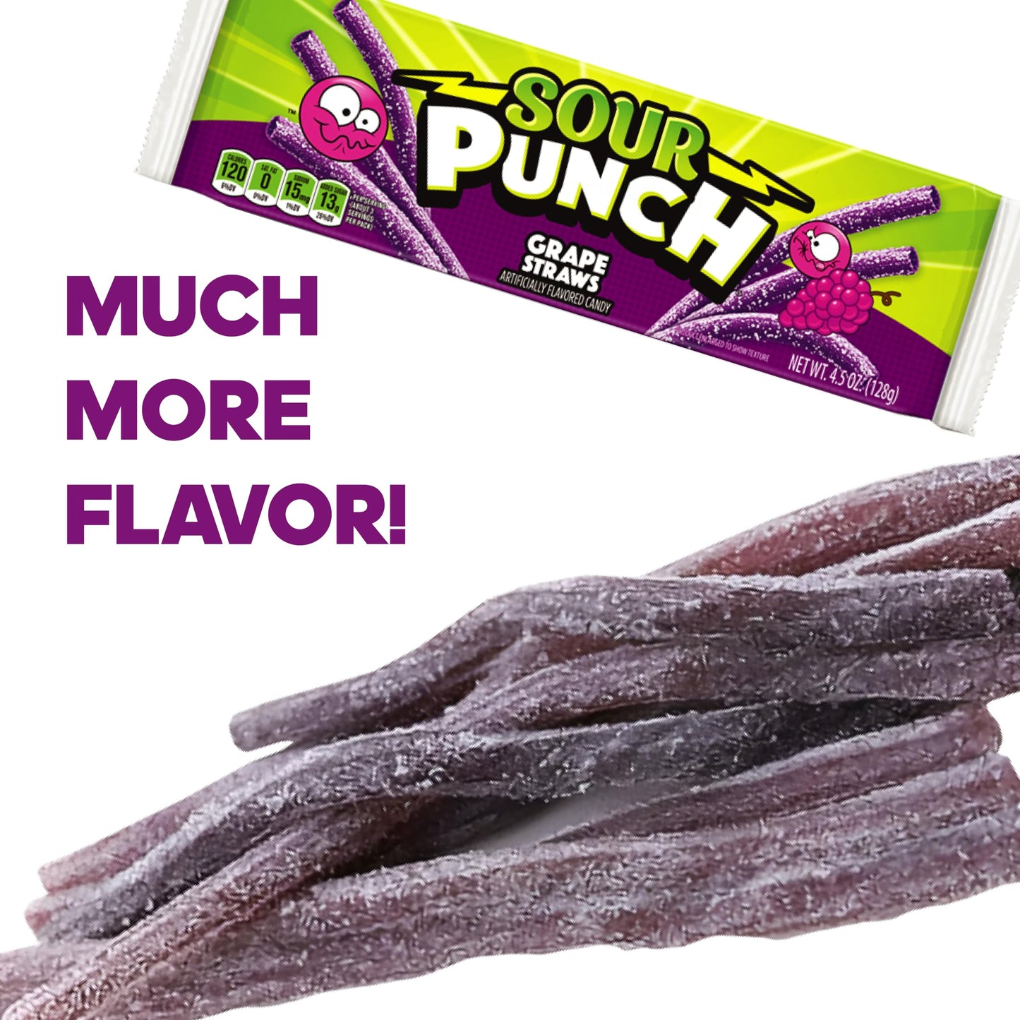 Sour Punch Grape Straws Candy, 2 Oz Pack Of 3 - Chewy, Mouthwatering Grape-Flavored Sour Candy - Fat-Free, Low Sodium Treat For