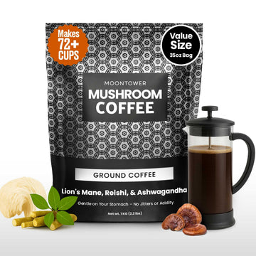 Moontower Mushroom Coffee - Adaptogen Blend with Ashwagandha & Lions Mane, 35 oz Ground Coffee for Focus & Clarity