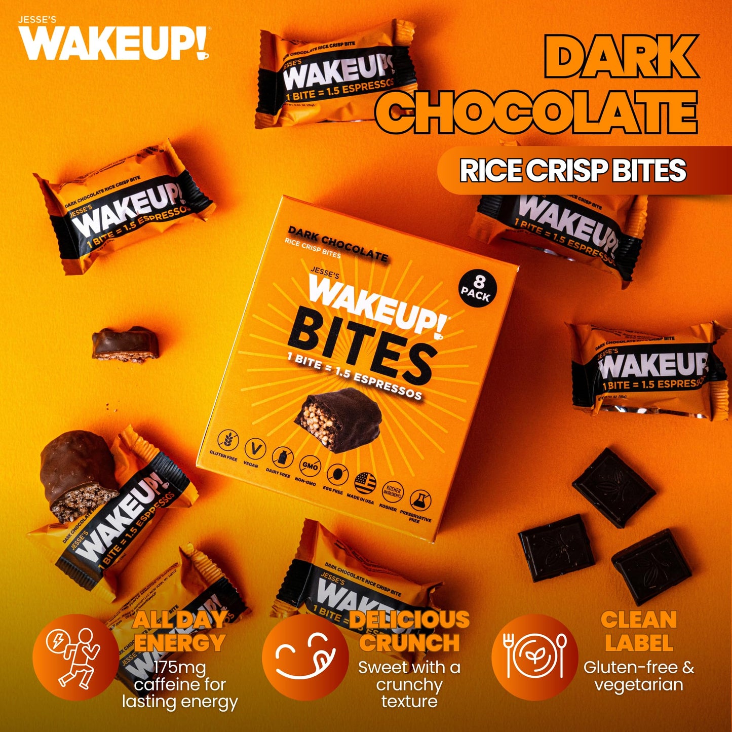 Wake Up! Energy Bites – Dark Chocolate – 8 Pack | 1 Bite = 1.5 Espressos (175Mg Clean Caffeine) | Vegan, Gluten-Free, Kosher | Smooth Focus & Crash-Free Energy For Work, Study & Fitness