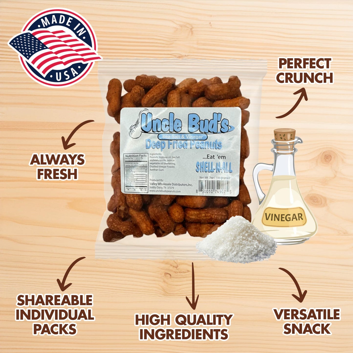 Uncle Bud'S Deep Fried Peanuts In Shell (6-Pack) | Salt And Vinegar Peanuts, Salted Peanuts In The Shell, Shelled Peanuts Snack
