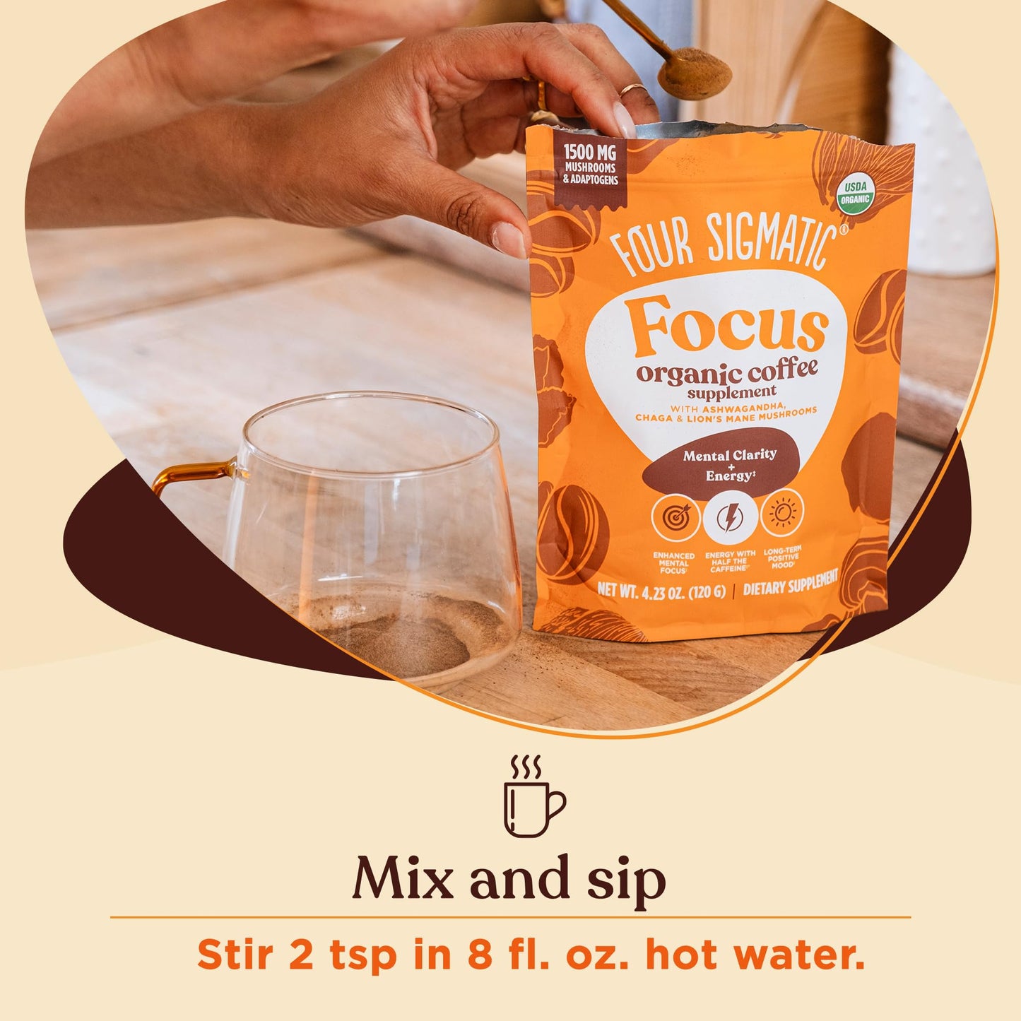 Focus Organic Mushroom Coffee By Four Sigmatic | 1500Mg Of Adaptogens Per Serving | Lion'S Mane, Chaga, Rhodiola, Ashwagandha &