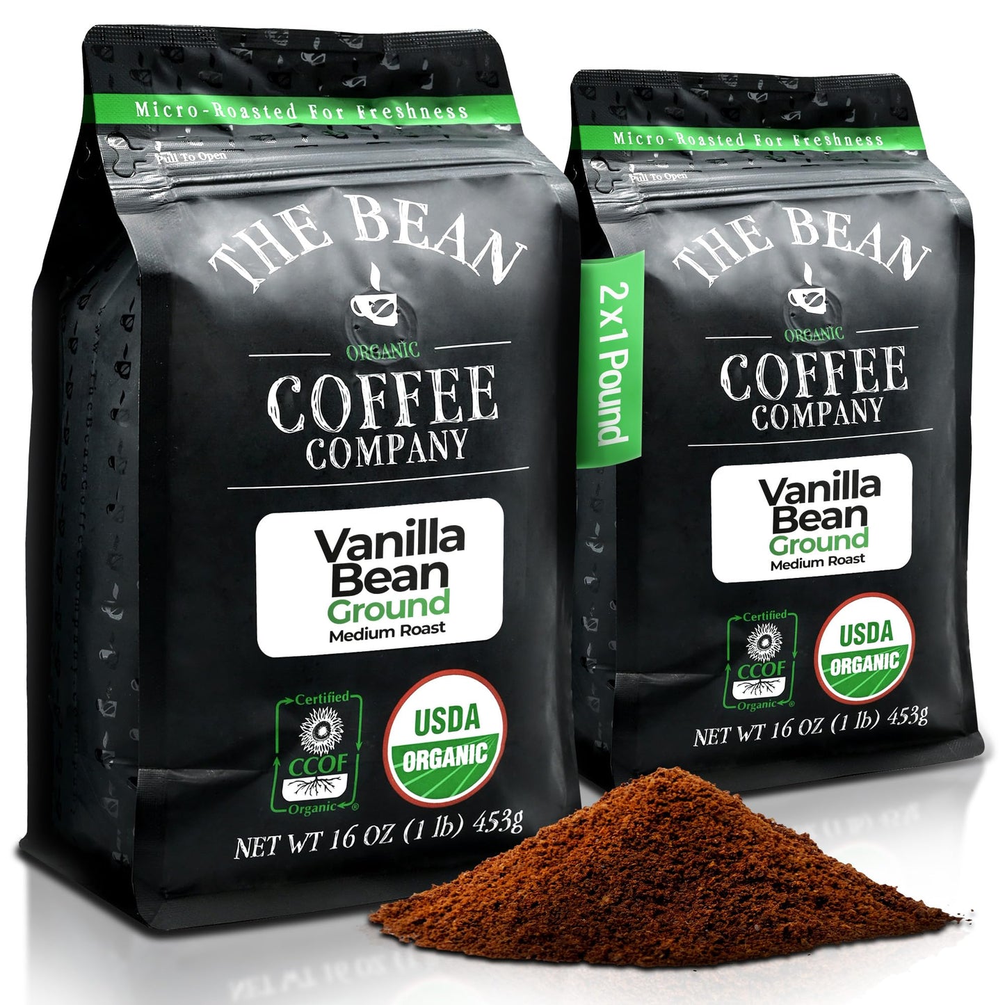 The Bean Organic Coffee Company Vanilla Bean, Medium Roast, Ground Coffee, 16-Ounce Bags (Pack of 2),Caf   molido tostado organi