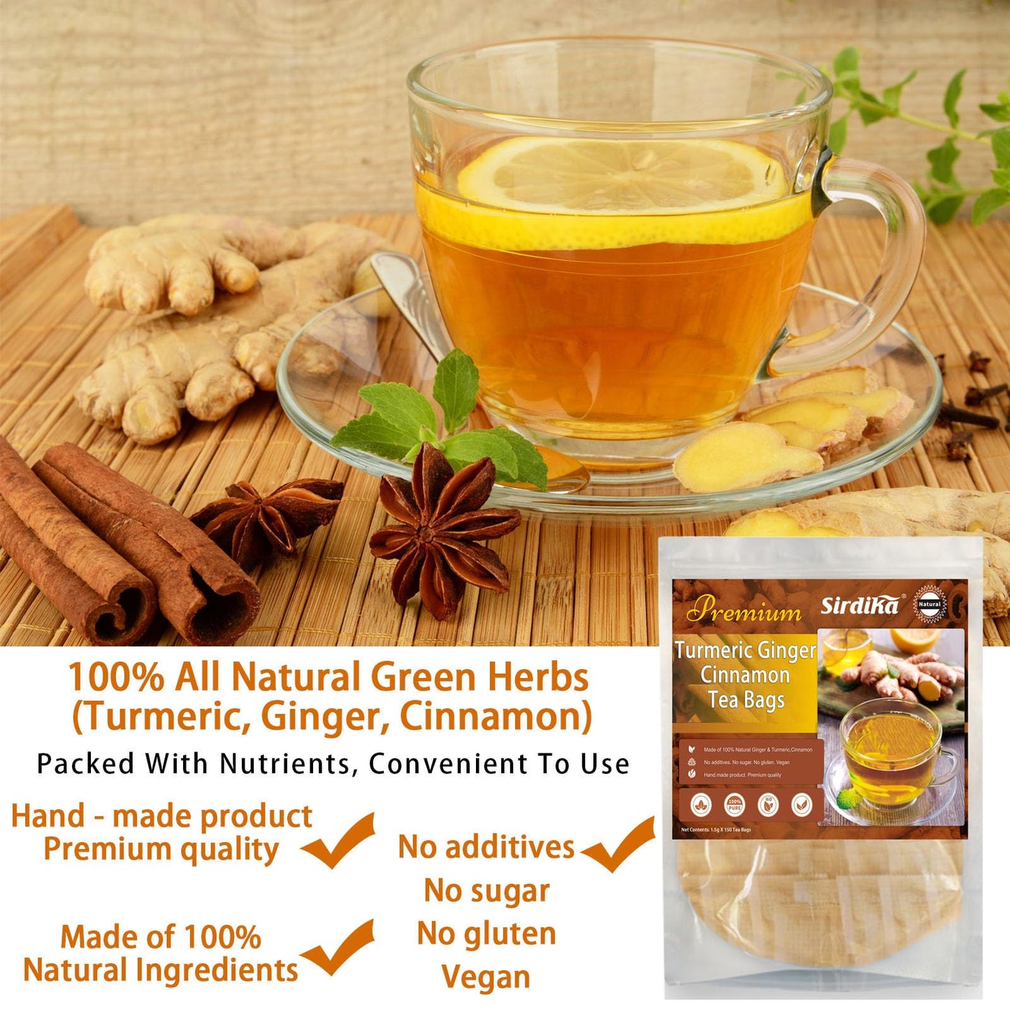 Wanciment Turmeric Ginger Cinnamon Tea - 150 Teabags, 100% Natural, Caffeine-Free, Hand-made Herbal Blend