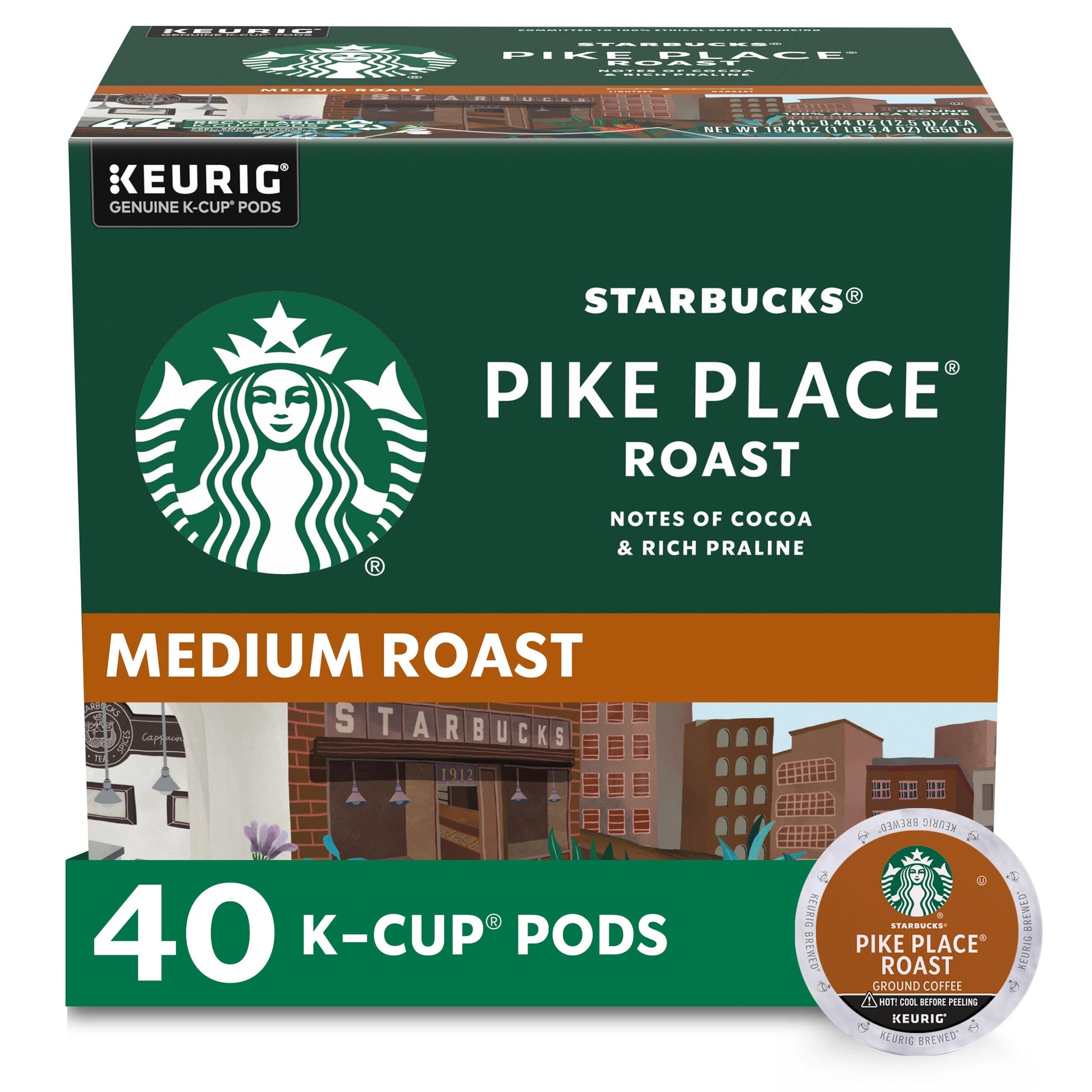 Starbucks Medium Roast K-Cup Coffee Pods, Pike Place, 40 Count, Compatible with Keurig Brewers