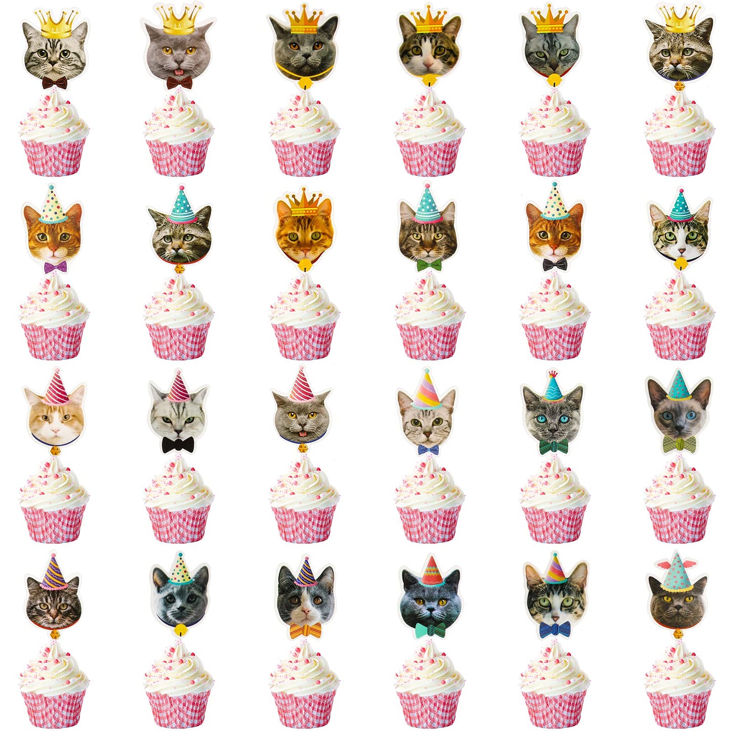 Outus Cat Face Cupcake Toppers - 48 Pieces, Paper, Gray Pink White Black, Cute Cat Head Toothpicks for Birthday Party Supplies