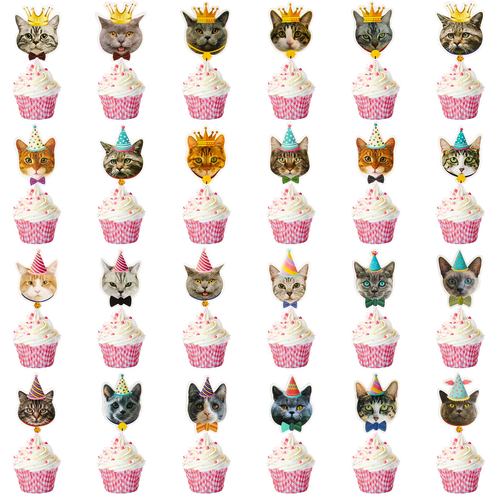 Outus Cat Face Cupcake Toppers - 48 Pieces, Paper, Gray Pink White Black, Cute Cat Head Toothpicks for Birthday Party Supplies