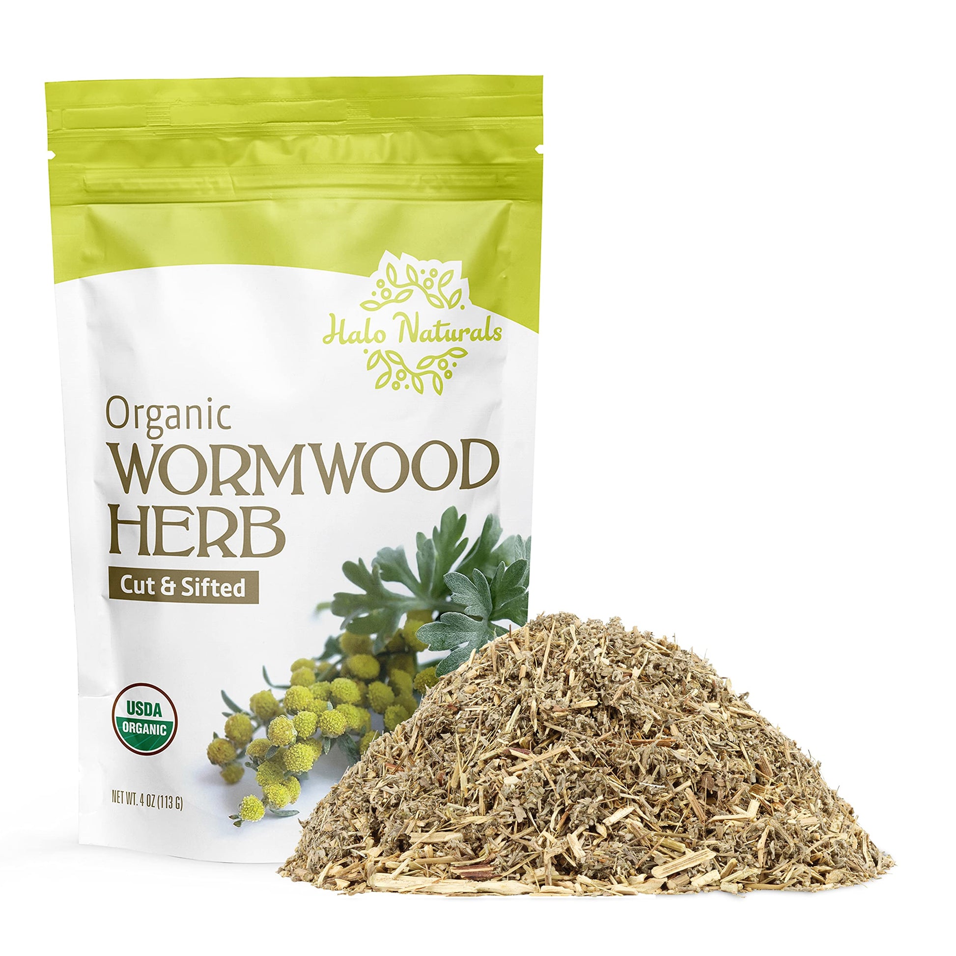 Halo Naturals Organic Wormwood Herb Cut & Sifted, 4 Ounces (Artemisia Absinthium) USDA Certified Wormwood Tea | Non-GMO | Vegan|