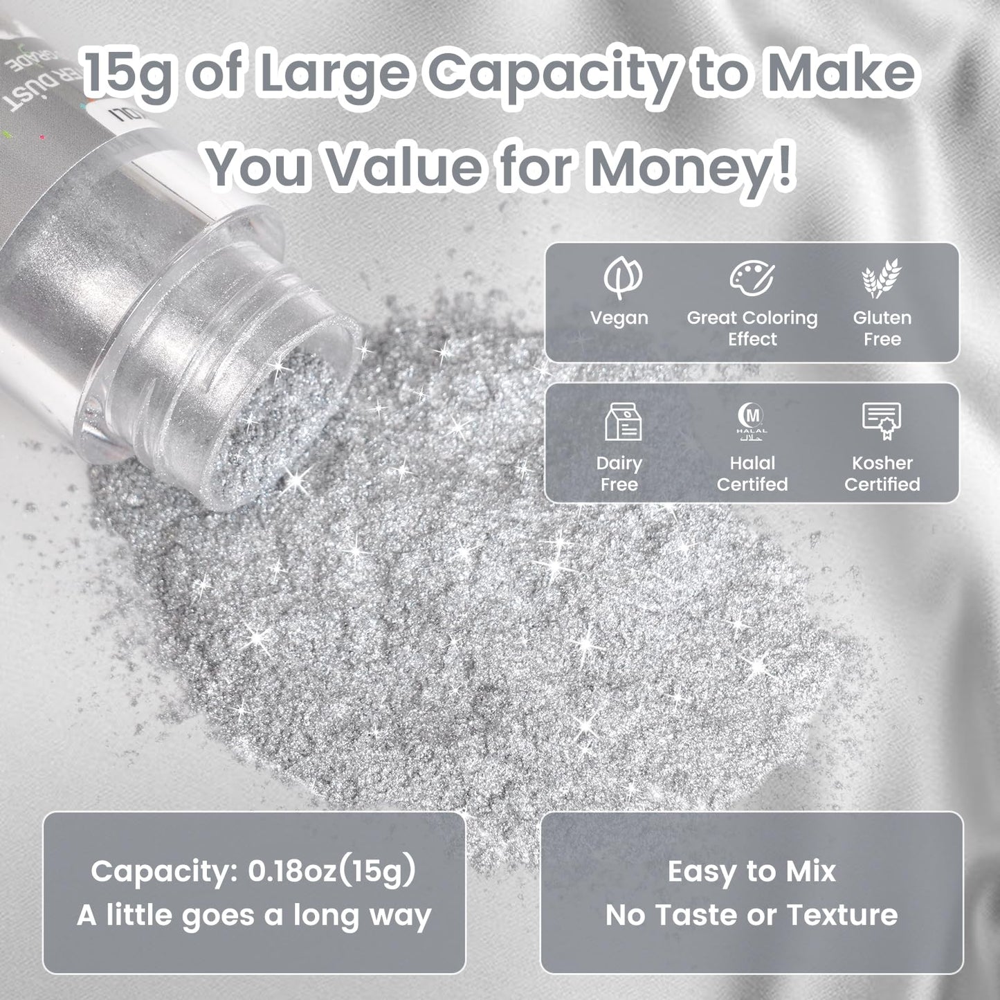 Sliver Edible Glitter For Cakes And Cocktails, 15G Food-Grade Sliver Luster Dust Edible Shimmer Powder For Drinks,Baking,Easter