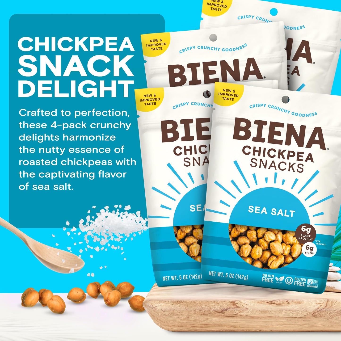 BIENA Chickpea Snacks - Crunchy Roasted Chickpeas - High Fiber Vegan Protein - 4-Pack, 5 Ounce Bags - Sea Salt