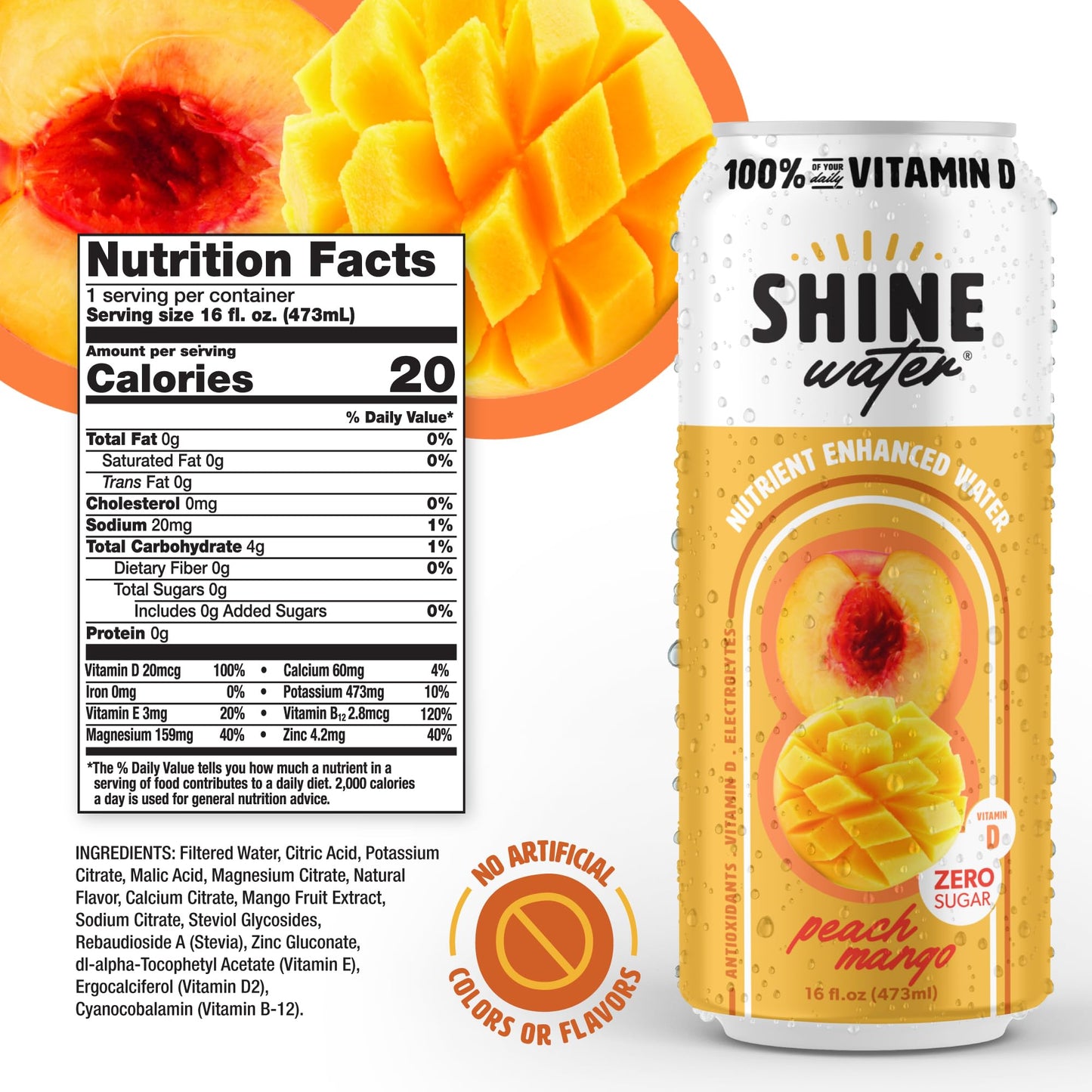 ShineWater Vitamin D Electrolyte Drink - Sugar-Free Peach Mango Flavor, 16 Fl Oz (Pack of 12)