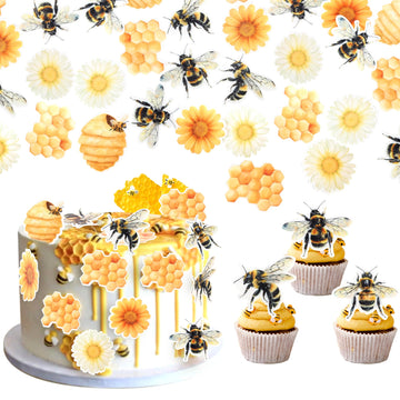 63 PCS Edible Bumble Bee Cupcake Toppers Honey Bee Daisy Cupcake Picks Edible Sunflower Oh Babee Cupcake Decorations for Bee The