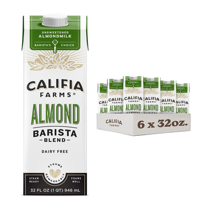 Califia Farms - Unsweetened Almond Barista Blend Almond Milk, 32 Oz (Pack Of 6), Shelf Stable, Dairy Free, Plant Based, Vegan, G