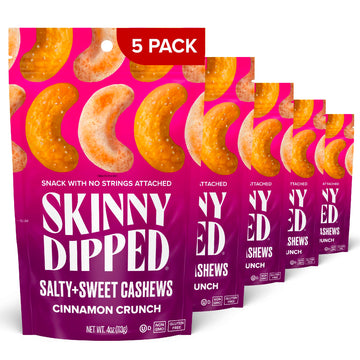 SkinnyDipped Salty + Sweet Cinnamon Crunch Cashew, Healthy Snack, Plant Protein, Gluten Free, 4 oz Resealable Bags, Pack of 5