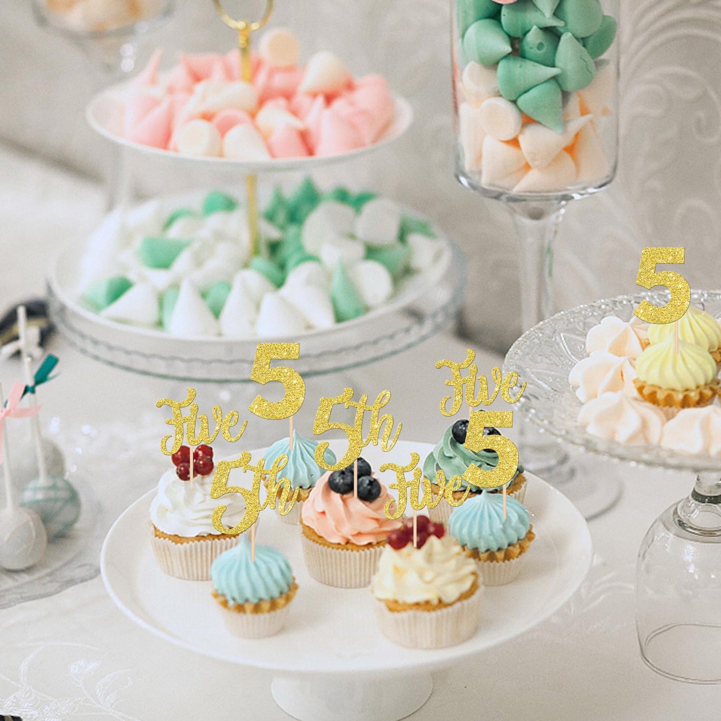 24 Pcs 5Th Birthday Cupcake Toppers Glitter Five Cupcake Picks Number 5 Birthday Cupcake Decorations For Baby Shower Kids 5Th Bi