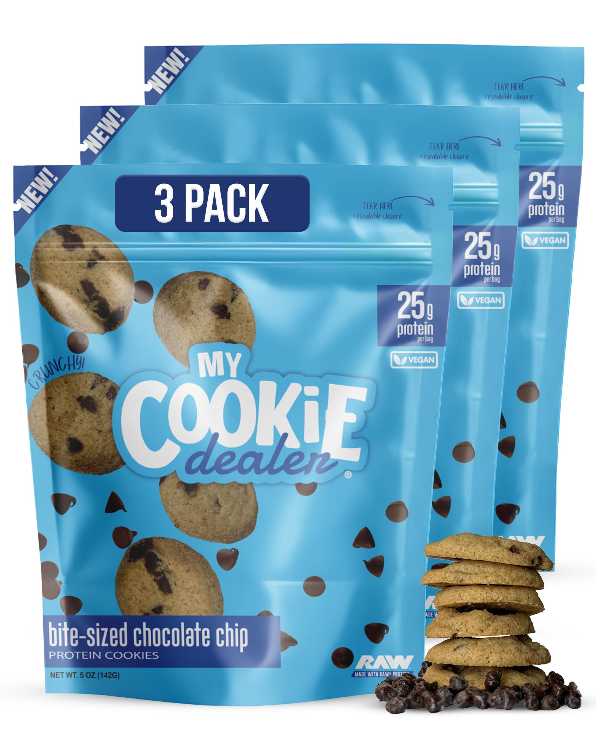 My Cookie Dealer Protein Cookies, Bite-Sized Crunchy Chocolate Chip (5oz, Pack of 3) - 25g Protein per Bag - Individually Wrappe