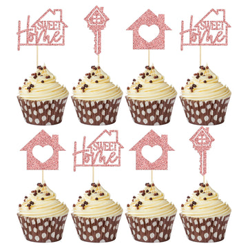 Gyufise 24 Pack Rose Gold Sweet Home Cupcake Toppers Glitter Key Housewarming Cupcake Picks Decorations For New Home Th