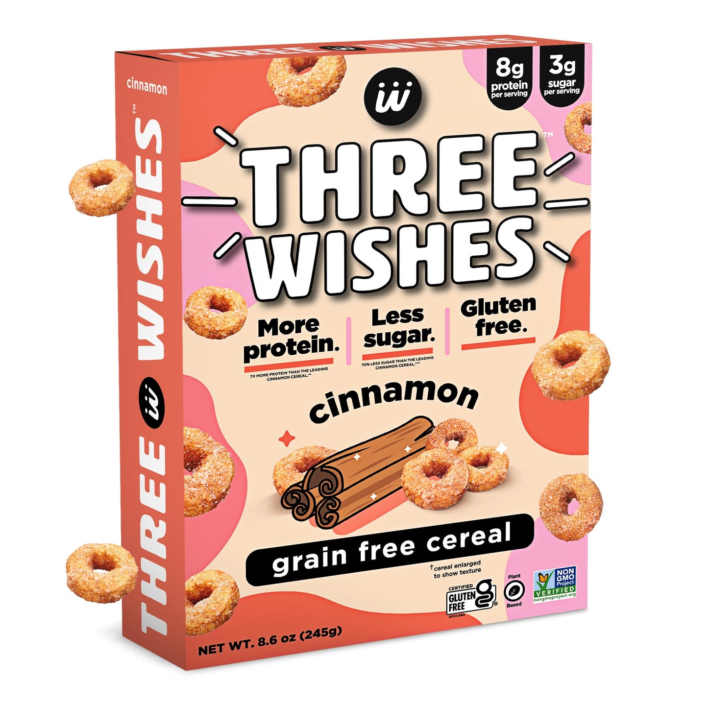 Plant-Based and Vegan Breakfast Cereal by Three Wishes - Cinnamon, 1 Pack - More Protein and Less Sugar Snack - Gluten-Free, Gra