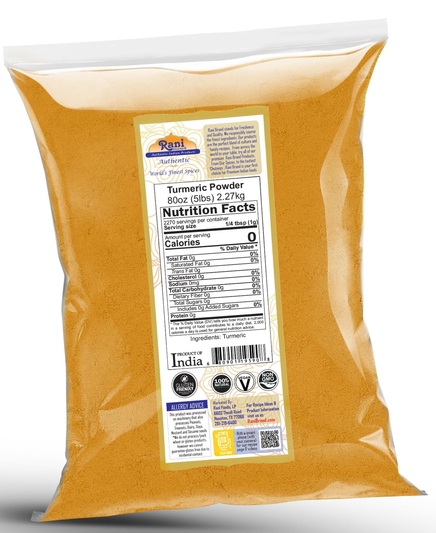 Rani Turmeric (Haldi) Root Powder Spice, (High Curcumin Content) 80Oz (5Lbs ) 2.27Kg Bulk ~ All Natural | 100% Pure, Salt Free | Vegan | Gluten Friendly | Non-Gmo | Kosher | Indian Origin
