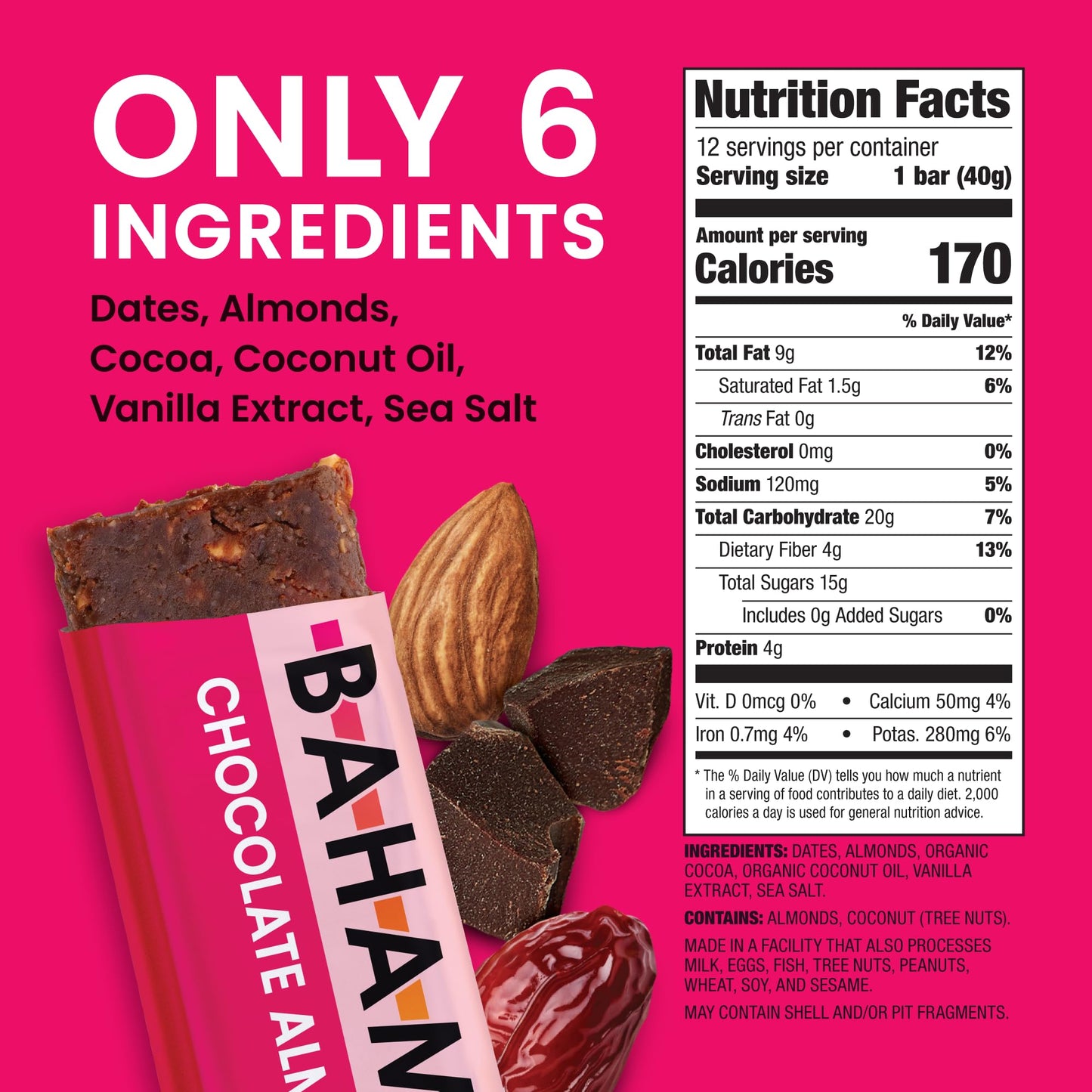 Bahamii Snack Bars, Healthy Vegan Snacks, Gluten Free, 12 Pack, Made with Dates & Nuts, No Added Sugar, Good Source of Fiber