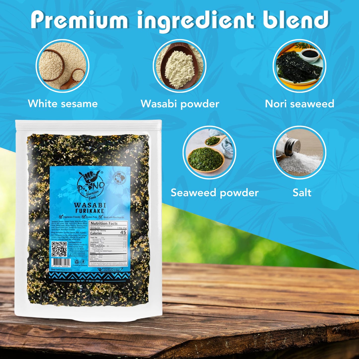 Pono Hawaiian WASABI NORI Furikake Rice Seasoning - Gluten-Free, Non-GMO, 17.64 oz