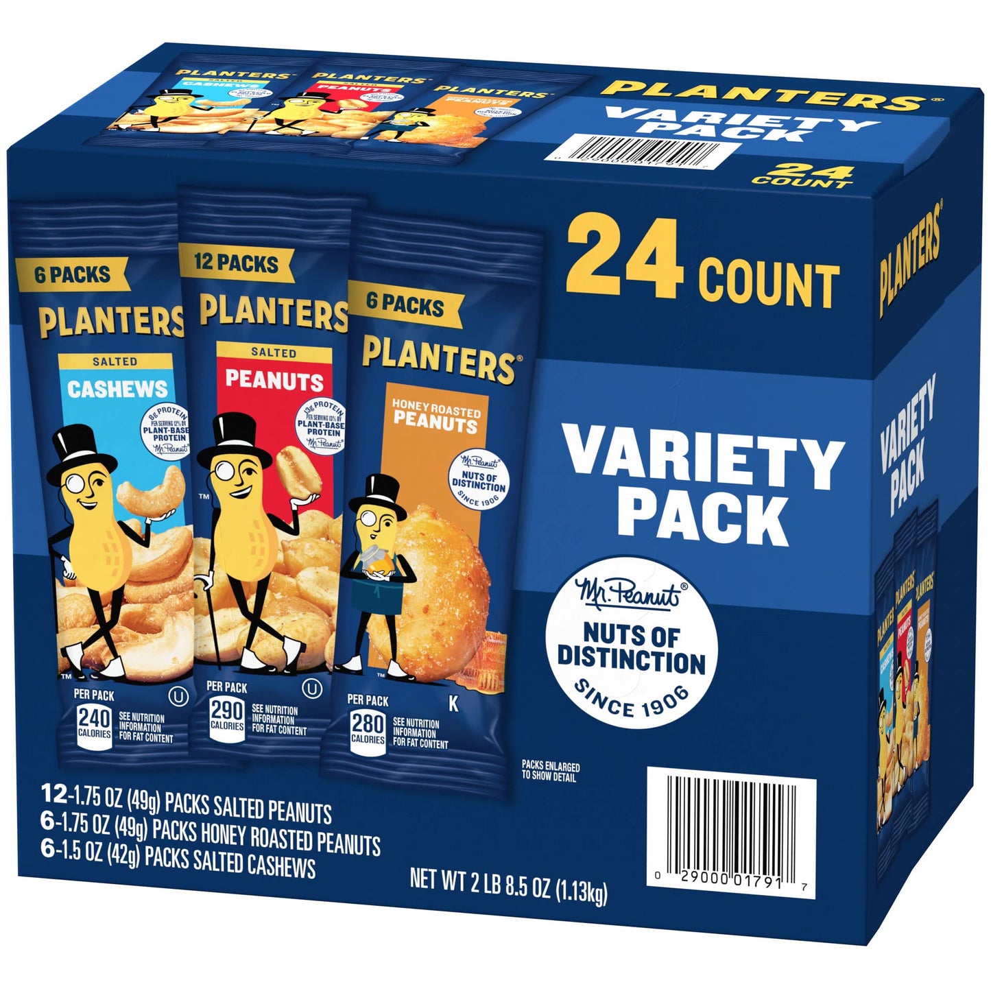 PLANTERS Peanuts & Cashews Variety Pack, 40.5 oz, 24 Count, Includes Honey Roasted Peanuts, Salted Peanuts, Salted Cashews