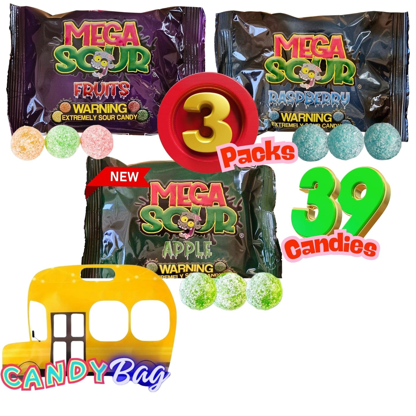 Think Candy Barnetts Mega Sour Bombs - Assorted Flavors - Pack of 3 - 3.2oz Each - Resealable ZipBag
