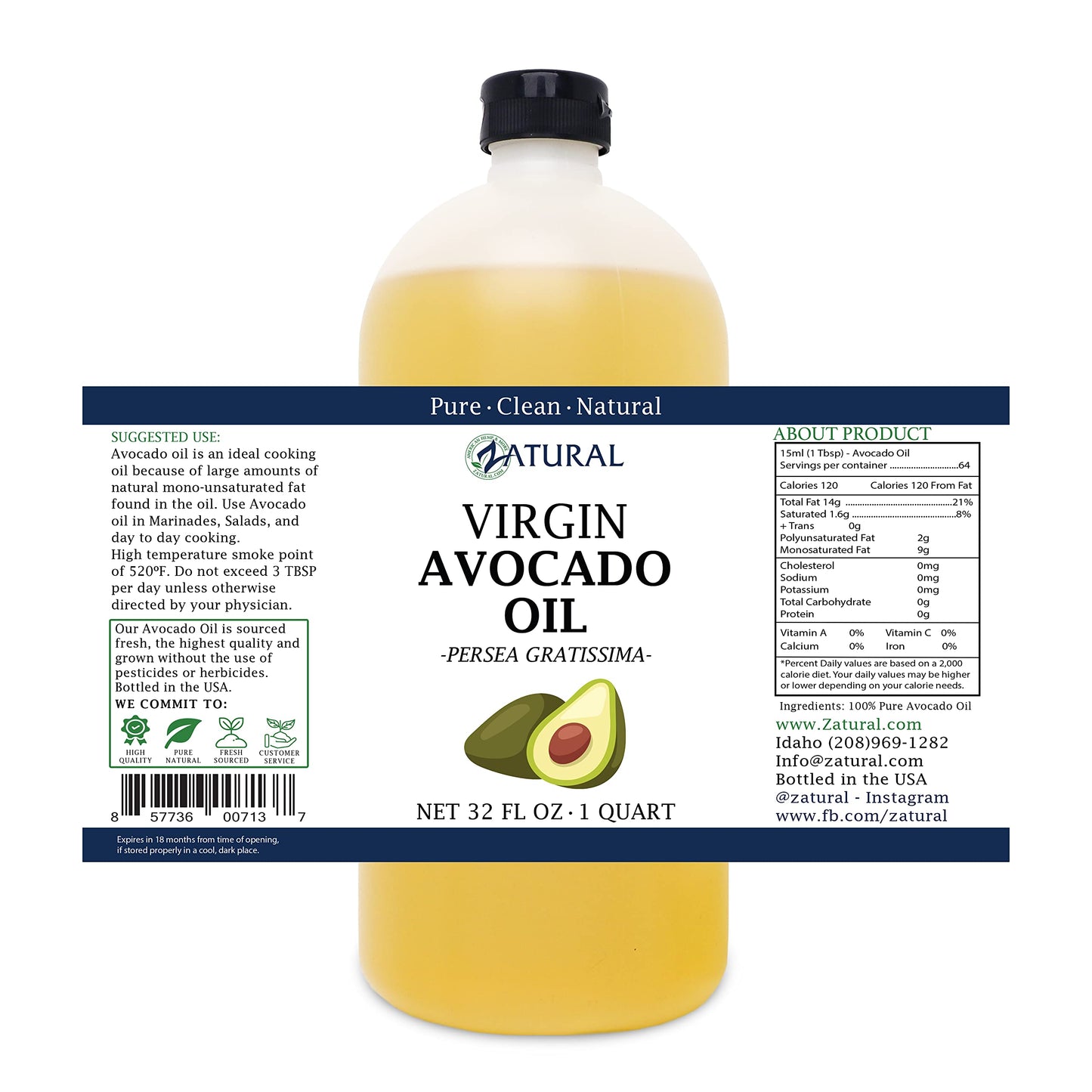 Zatural Virgin 100% Pure Natural Avocado Oil Without Additives, Clean, Cold Pressed, Non-Gmo, Vegan: For Cooking, Frying, Baking