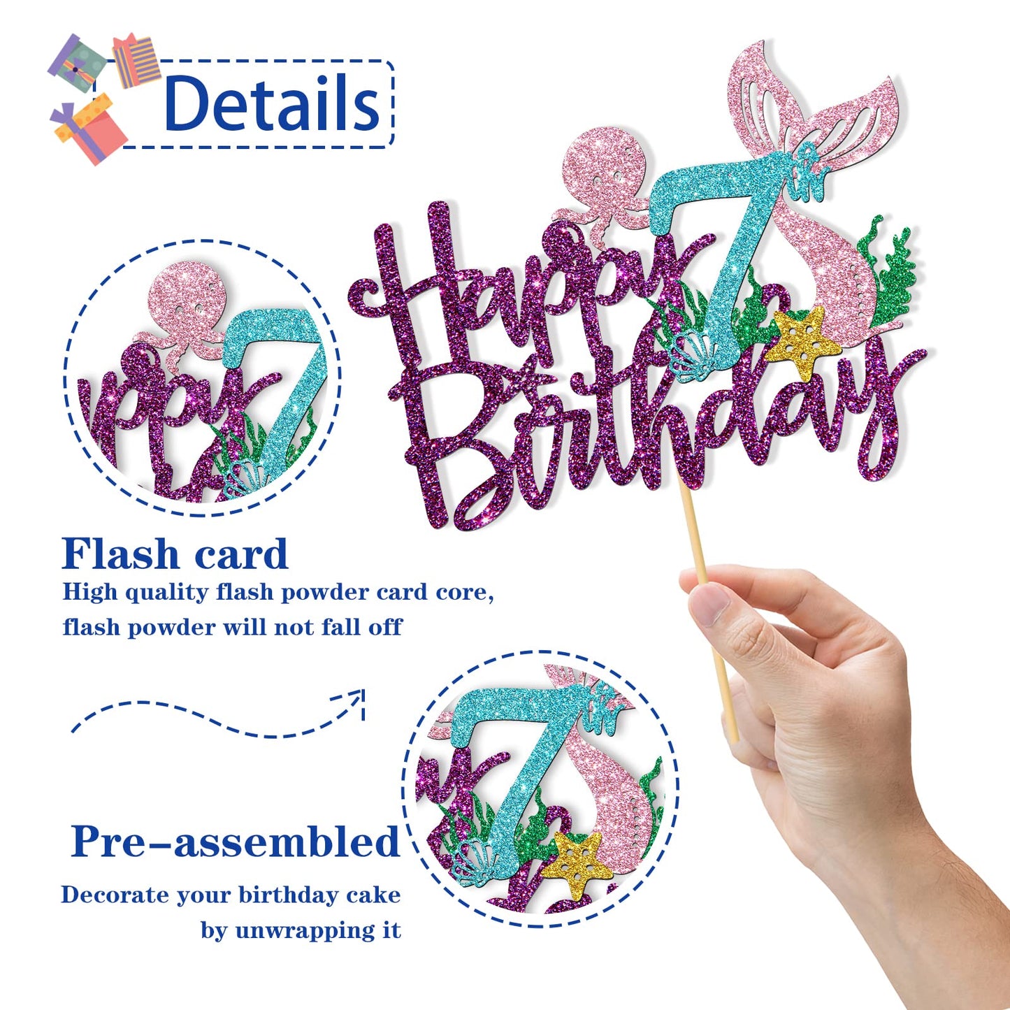 RoadSea Cake Topper - Under The Sea Theme, Purple Glitter, 7th Birthday Decoration, Food Grade Safety Cardboard