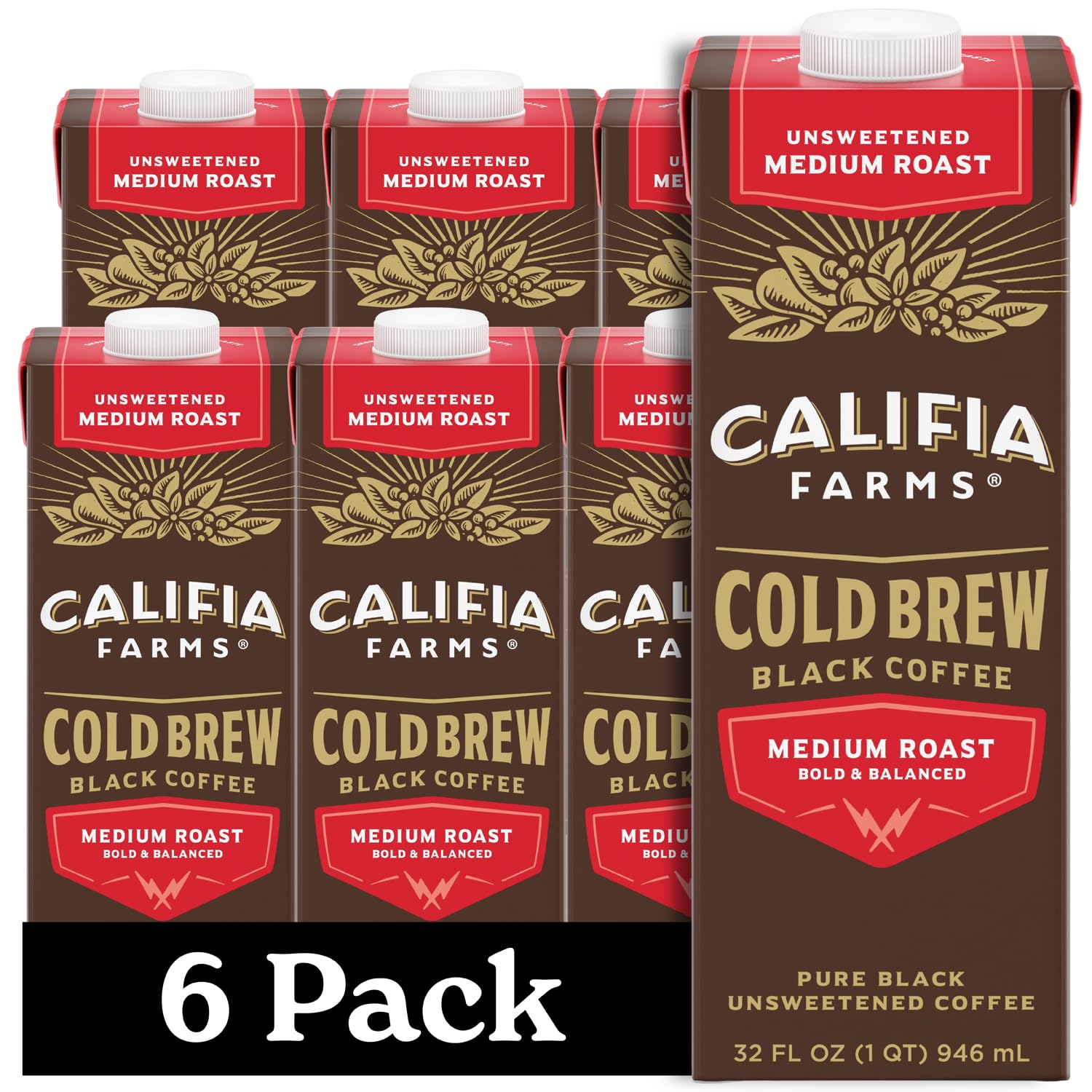 Califia Farms - Pure Black Medium Roast Cold Brew Coffee, 32 Oz (Pack Of 6), 100% Arabica, Shelf Stable, Plant Based, Vegan, Glu