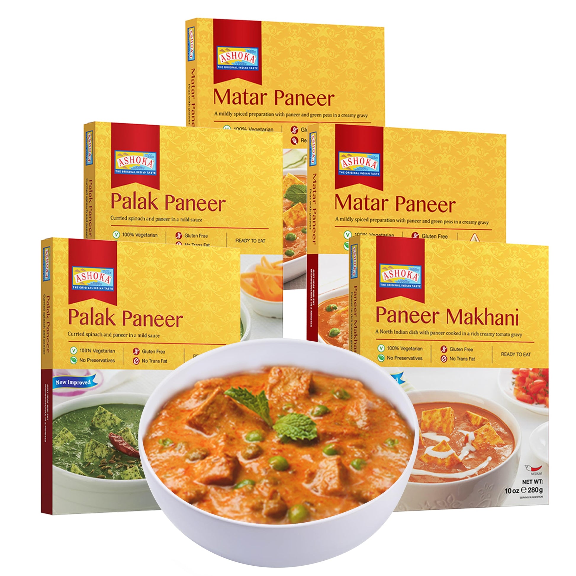 Ashoka Heat & Eat Meals 1932, All-Natural Vegetarian Meal Kit, Cheese Entrees, Kosher Certified Curry Assortment, Authentic Indi