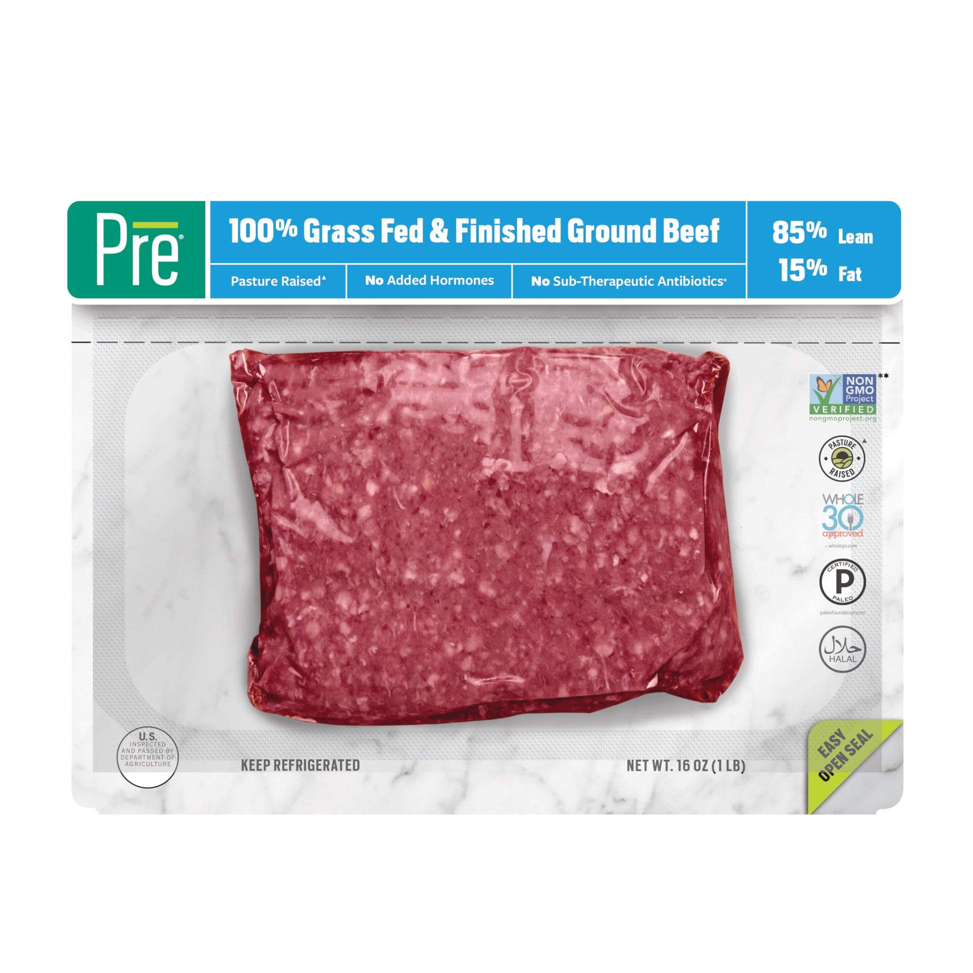 Pre, Ground Beef 85% Lean/15% Fat, Grass-Fed, Pasture-Raised, 1 lb