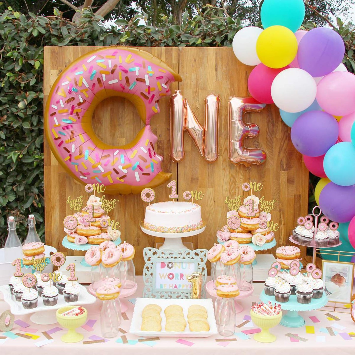 24 Pcs Donut First Birthday Cupcake Toppers Glitter Donut Grow Up One Cupcake Picks Donut 1St Birthday Party Decorations For Don