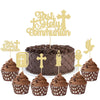 Gyufise 25Pcs First Holy Communion Cupcake Toppers Gold Glitter First Communion Cake Topper God Bless Dove Cross Cupcake Picks G