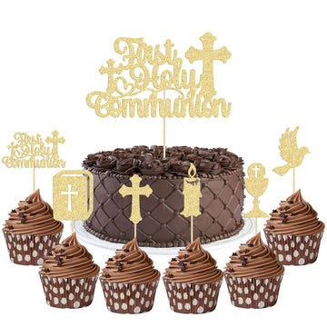 Gyufise 25Pcs First Holy Communion Cupcake Toppers Gold Glitter First Communion Cake Topper God Bless Dove Cross Cupcake Picks G