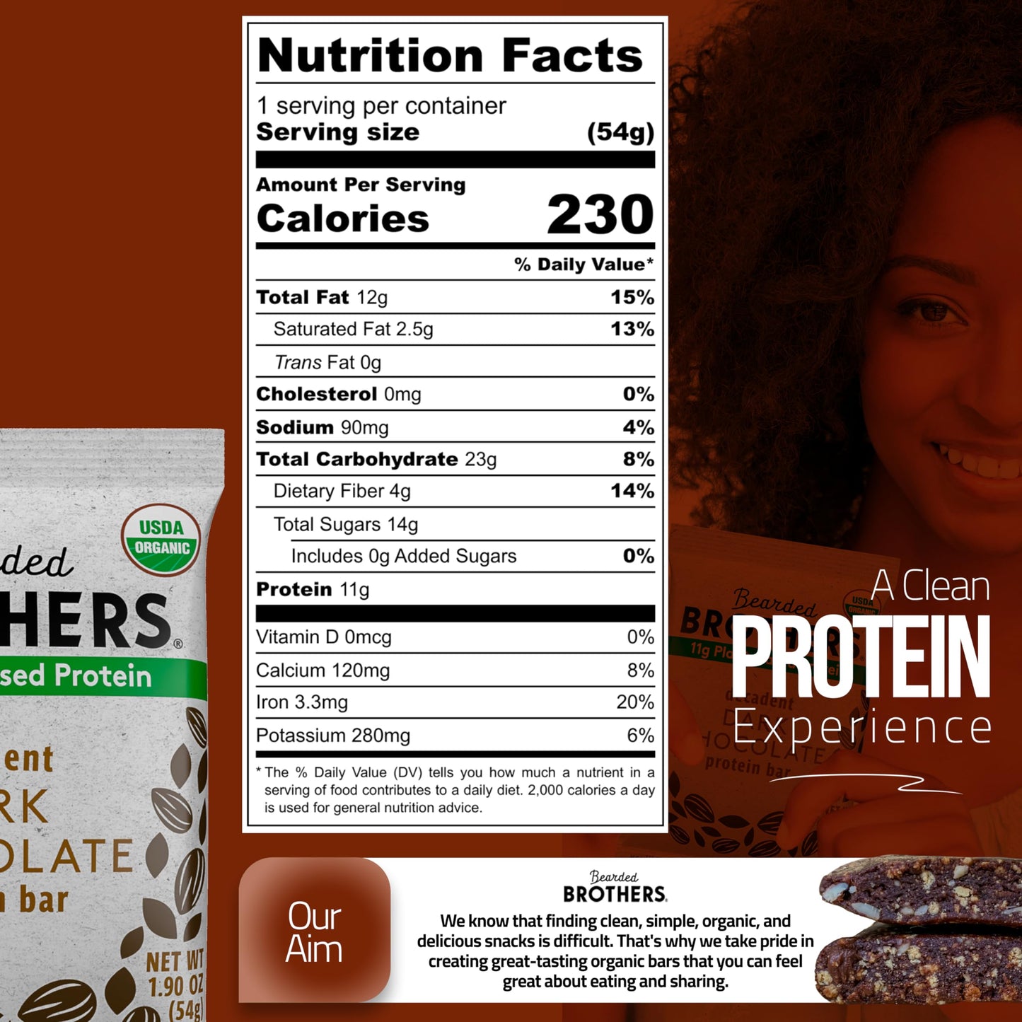 Bearded Brothers Organic Protein Bars, Dark Chocolate (10 Pack) - 11G Of Plant Based Protein Gluten Free Vegan, Non-Gmo Healthy Snacks For Mature-Themeds Good Source Of Fiber