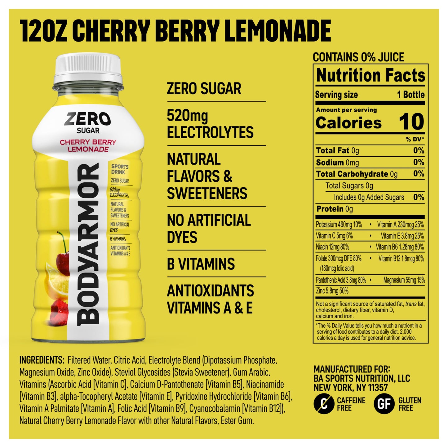 BODYprotective covering ZERO Sugar Cherry Berry Lemonade Sports Drink - Low-Calorie, Natural Flavors, 12 oz (Pack of 8)