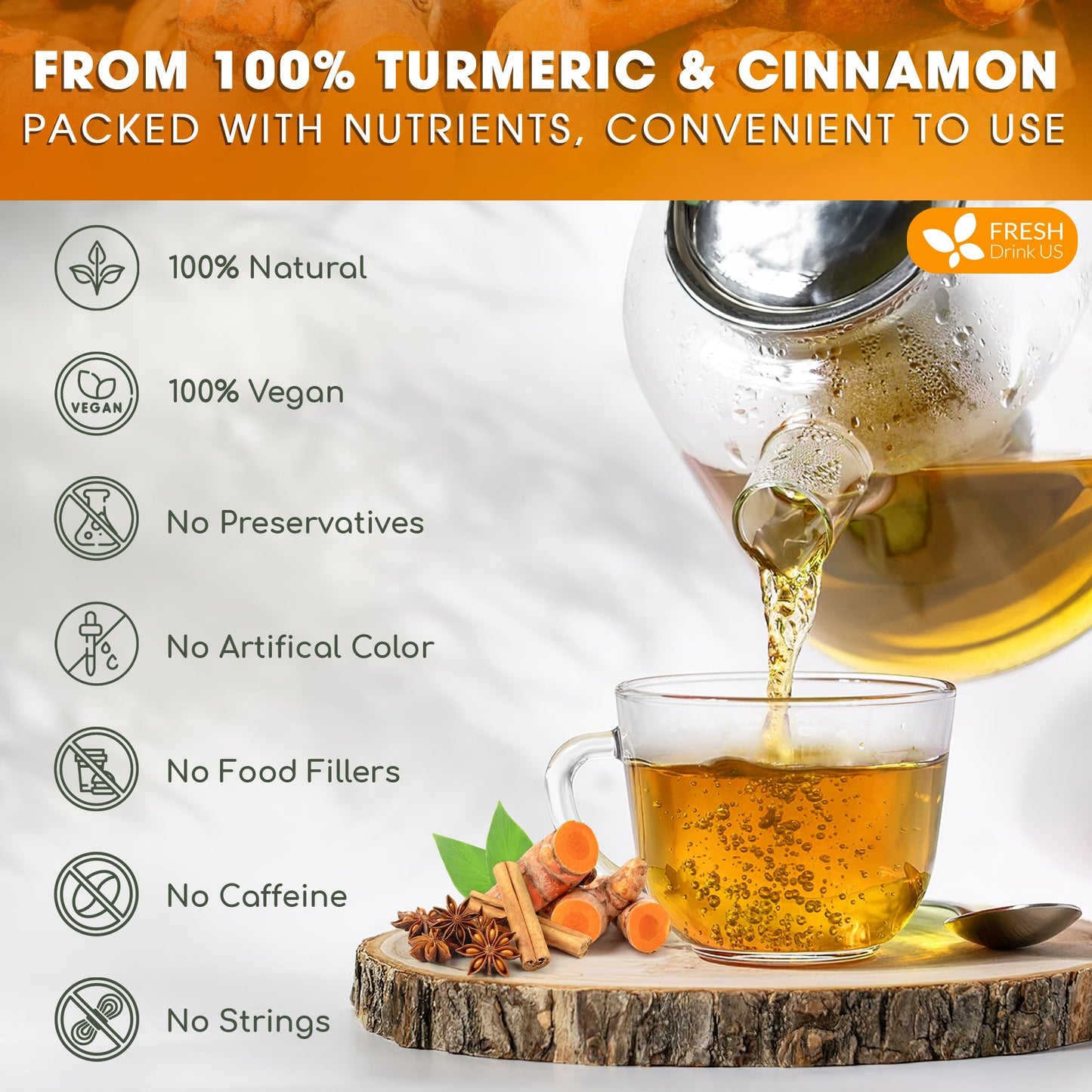 FRESHDRINKUS Turmeric Cinnamon Tea Bags, 100% Natural, Caffeine-Free, 75 Bags