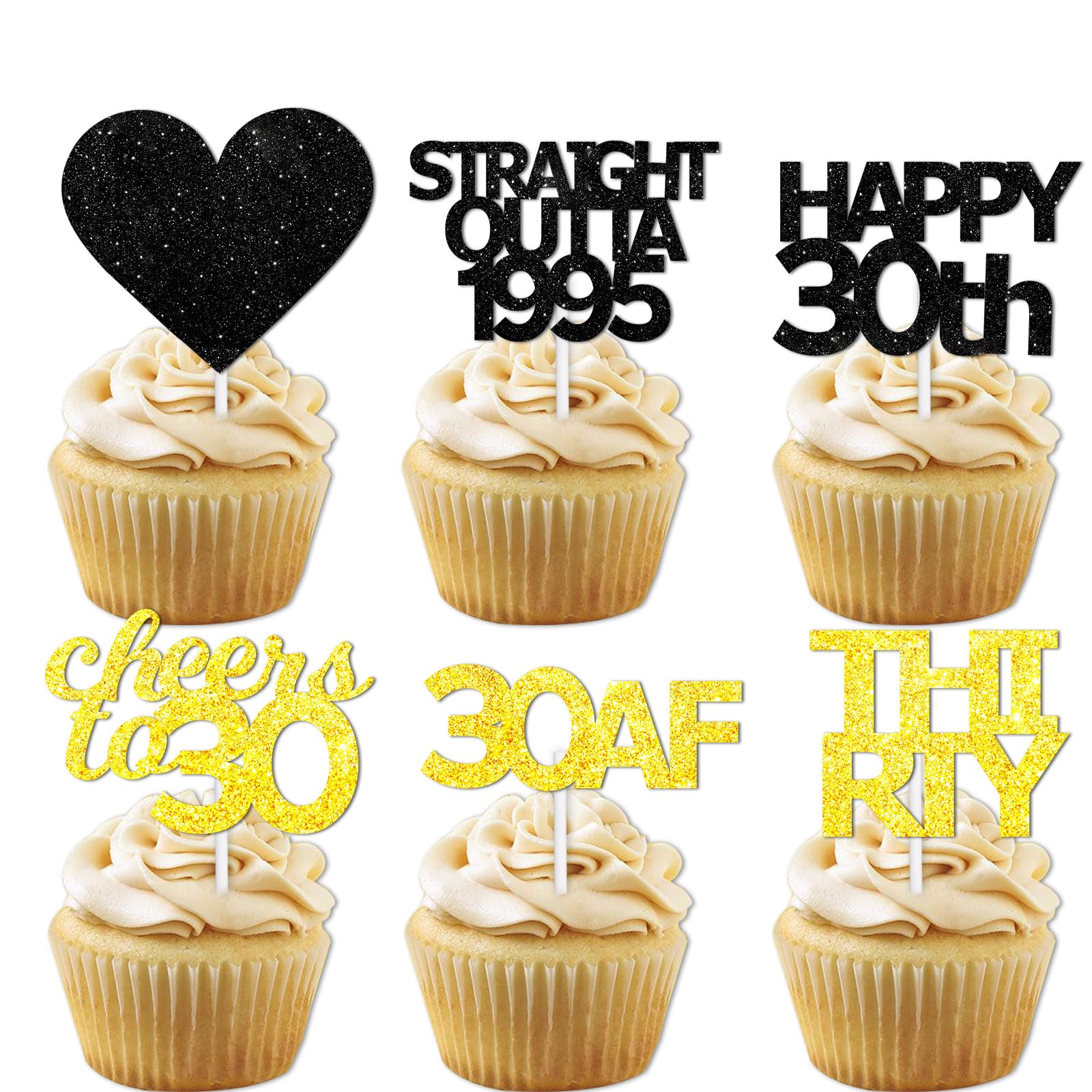 18pcs Black Gold Glitter Dessert Cupcake Pick for Straight Outta 1995 Cheer to 30 Years Old Theme Decor Supplies Happy 30th Birt