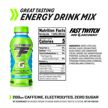 Fast Twitch Energy Drink by Gatorade, Glacier Freeze, 12 Fl Oz Bottles, 12 Pack, 200mg Caffeine, Zero Sugar, Electrolytes