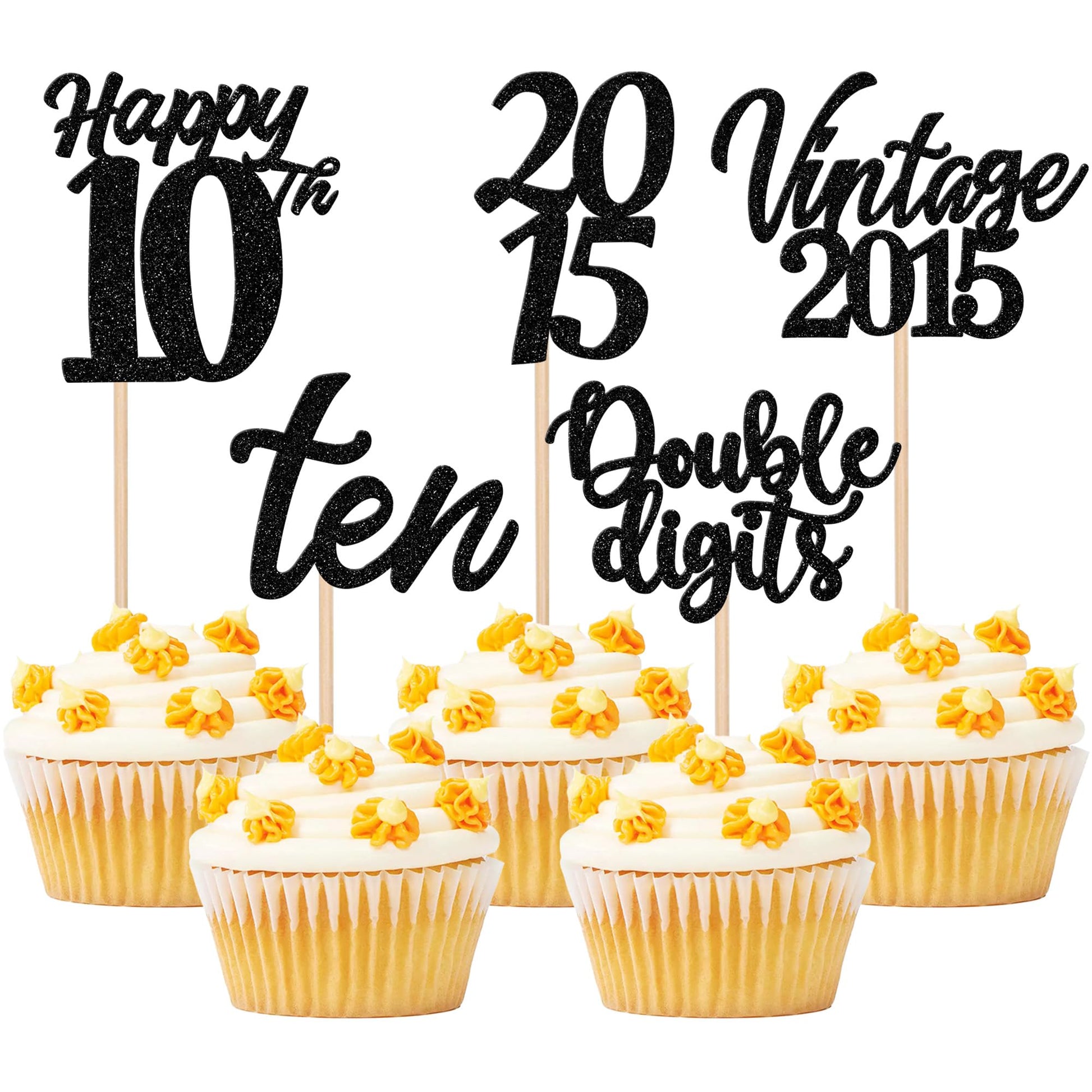 ZHUOWEISM 30PCS Cupcake Toppers for 10th Birthday Party Decorations, Black