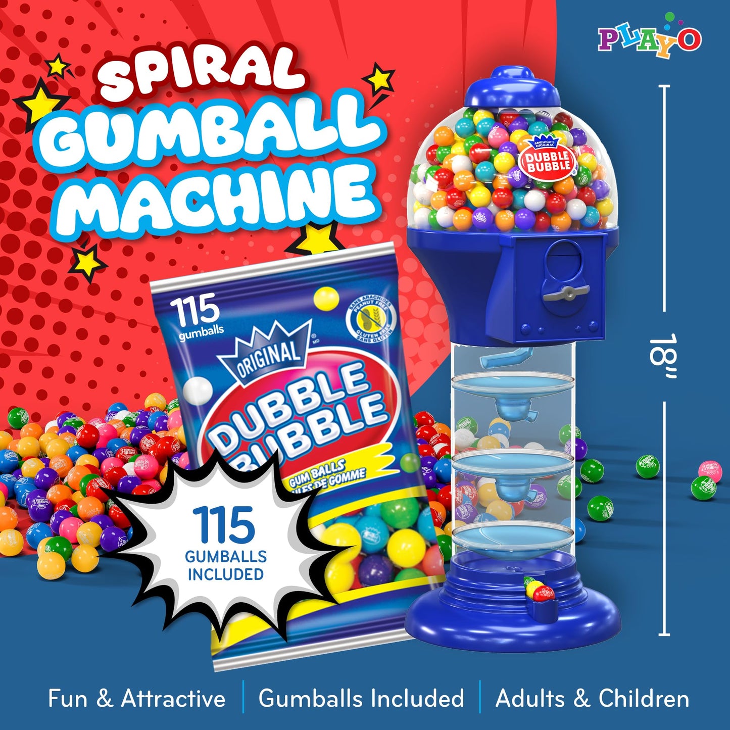 Playo 18'' Big Spiral Gumball Machine For Kids - Includes Aprox 113 Gum Balls - Kids Dubble Bubble Twirling Style Candy Dispense