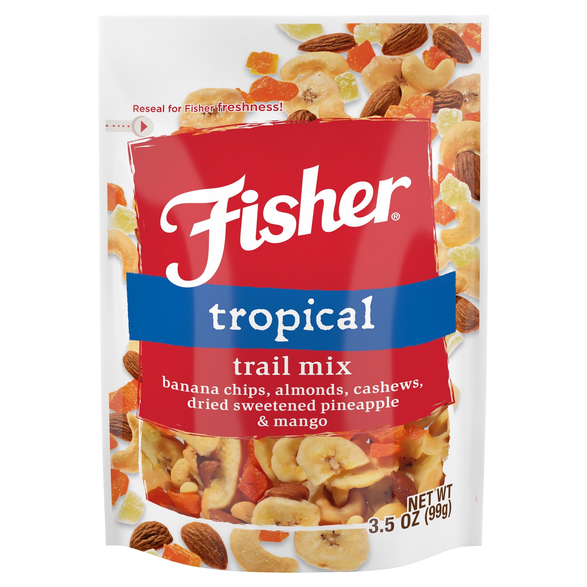 Fisher Snack Tropical Trail Mix, 3.5 Ounces, Banana Chips, Almonds, Cashews, Dried Sweetened Pineapple And Mango